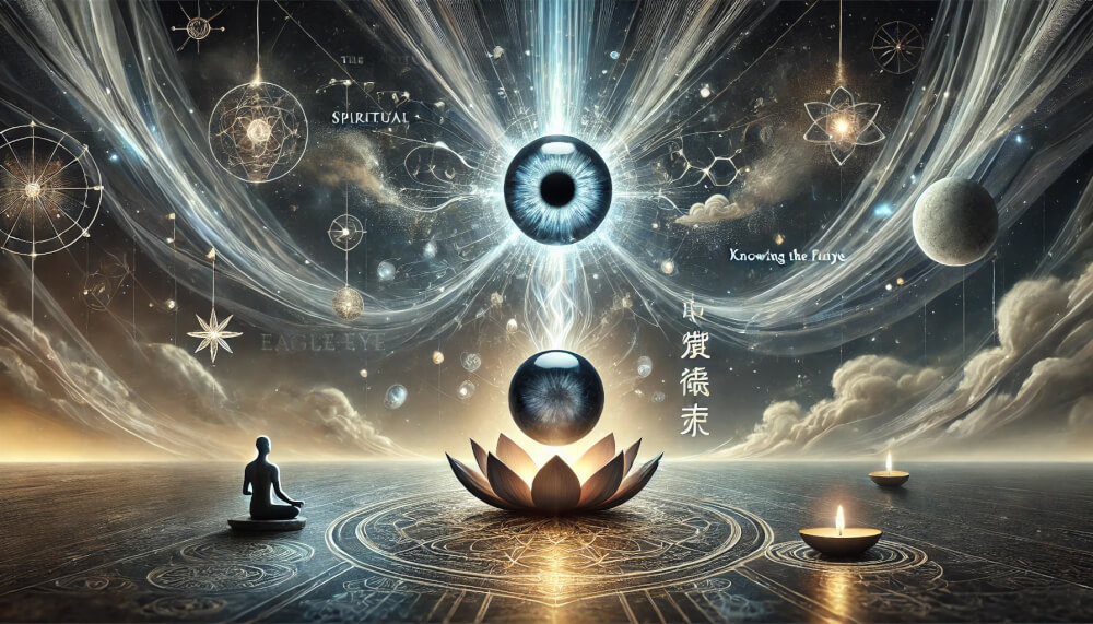 DALL%C2%B7E 2025 08 29 22.28.26 A wide spiritual and mystical image themed around the phrase  The Spiritual Meaning Hidden in Eagle Eyes Stone Word  Knowing the Future. The centr - イーグルアイの石言葉「未来を知る」「知識」を持つ人のための活用術と効果まとめ