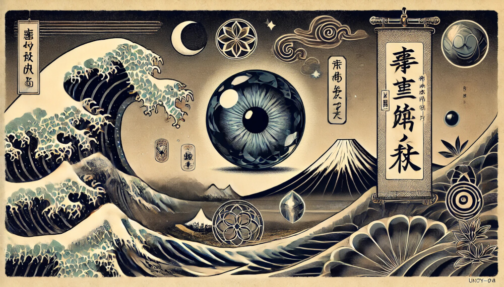 DALL%C2%B7E 2025 08 29 22.28.29 A wide ukiyo e style artwork featuring the Eagle Eye Hawks Eye gemstone as the centerpiece. The stone is dark bluish gray with a shimmering cats e - イーグルアイの石言葉「未来を知る」「知識」を持つ人のための活用術と効果まとめ