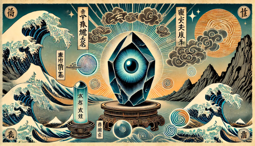 DALL%C2%B7E 2025 08 29 22.28.32 A wide image in the style of traditional Japanese ukiyo e featuring the mineral Eagle Eye Hawks Eye as the central element. The stone appears as a - イーグルアイの石言葉「未来を知る」「知識」を持つ人のための活用術と効果まとめ
