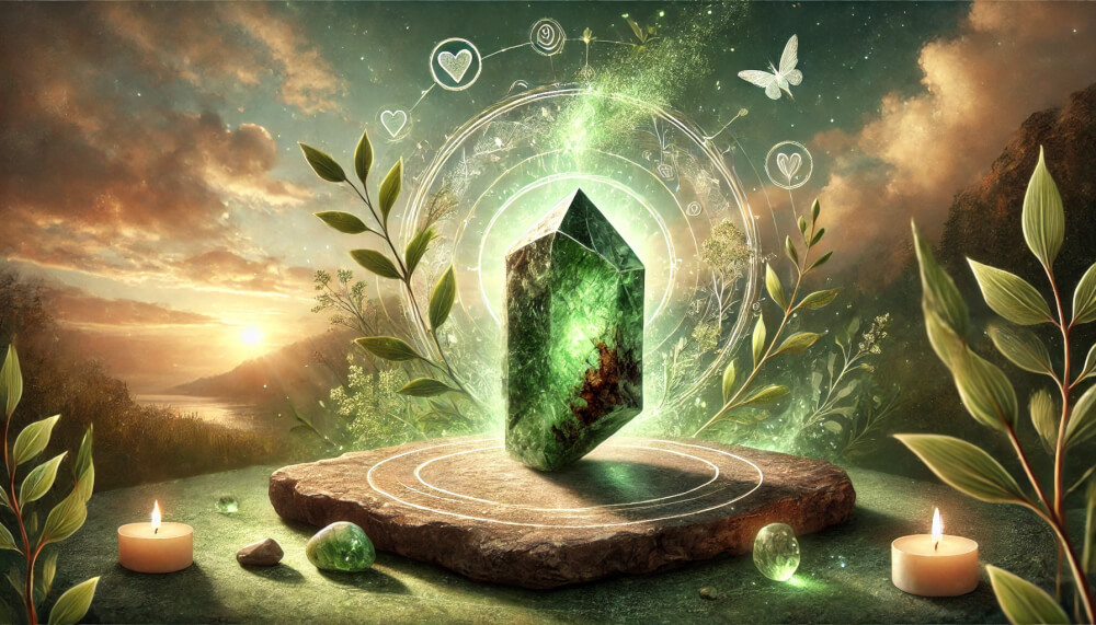 DALL%C2%B7E 2025 08 29 23.21.58 A wide calming and spiritual image based on the theme  The Meaning of Epidotes Stone Word  Liberation from the Past and the Secret of Its Healing P - エピドートの石言葉「過去からの解放」とは？心を癒す力の秘密を解説