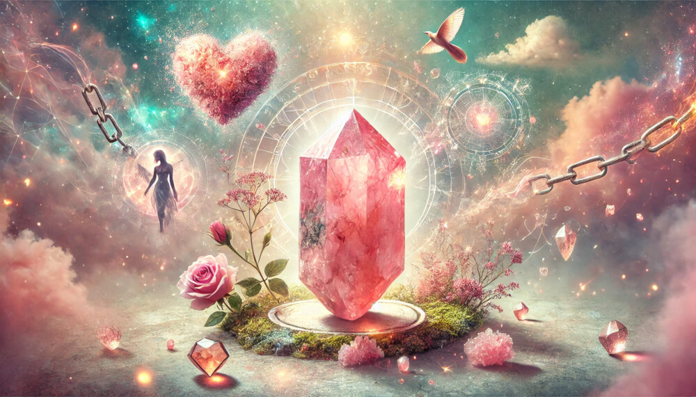 DALL%C2%B7E 2025 08 29 23.22.05 A wide soothing and mystical image illustrating the concept  The Meaning of Pink Epidotes Stone Word  Liberation from the Past and the Secret of It - エピドートの石言葉「過去からの解放」とは？心を癒す力の秘密を解説