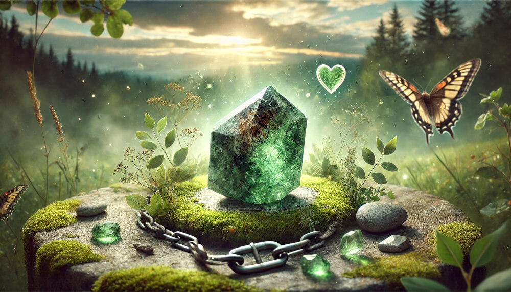 DALL%C2%B7E 2025 08 29 23.24.18 A wide peaceful and spiritual image illustrating the theme  Epidote Stone Meaning %E2%80%93 Liberation from the Past and Letting Go of Emotional Burdens. T - エピドートの石言葉「過去からの解放」とは？心を癒す力の秘密を解説