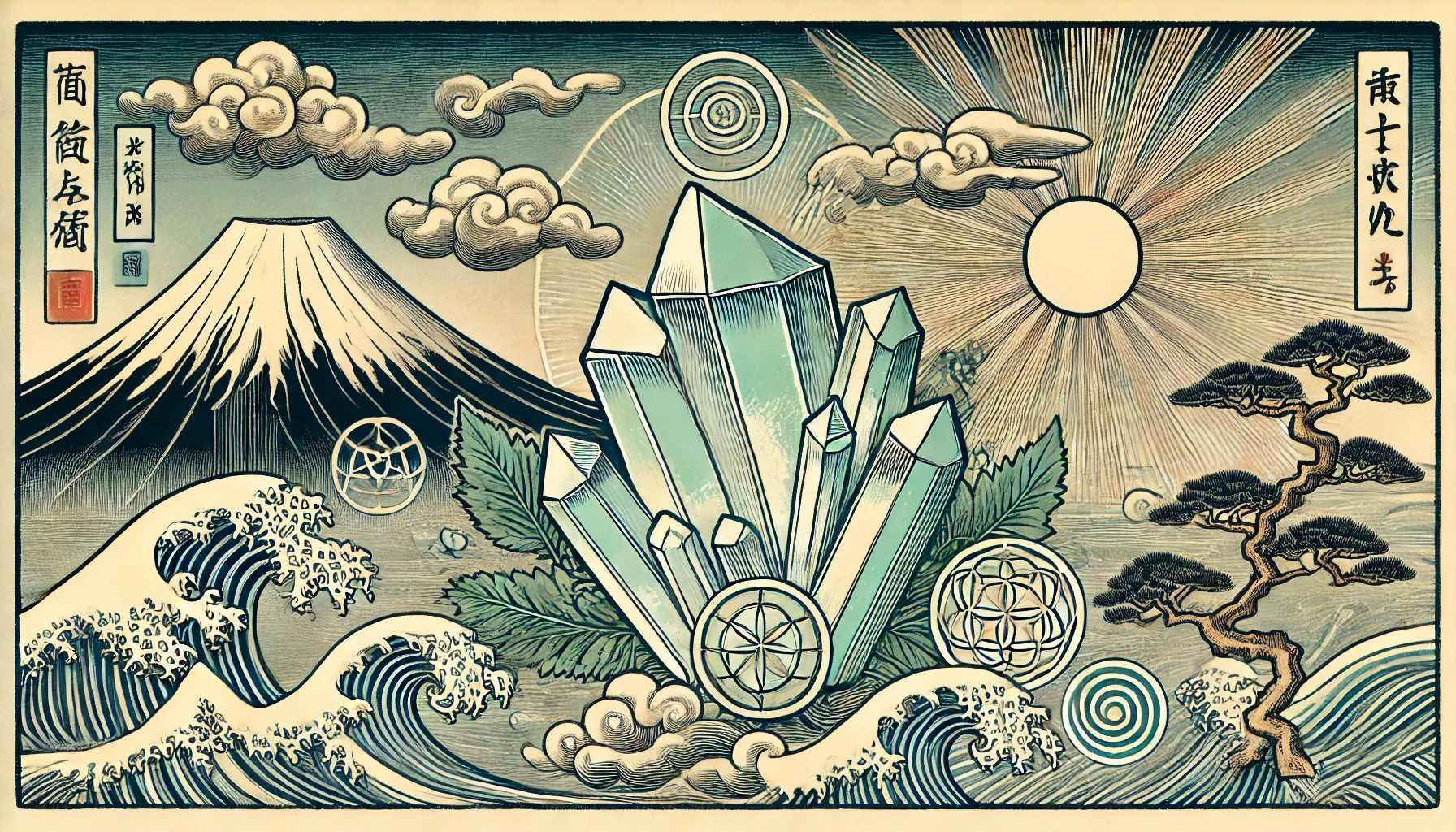 DALL%C2%B7E 2025 08 30 17.05.31 A wide image in traditional Japanese ukiyo e style featuring a raw Apophyllite crystal as the central element. The Apophyllite crystal cluster is styl - アポフィライトの石言葉とは？浄化と瞑想に効果的な理由を徹底解説