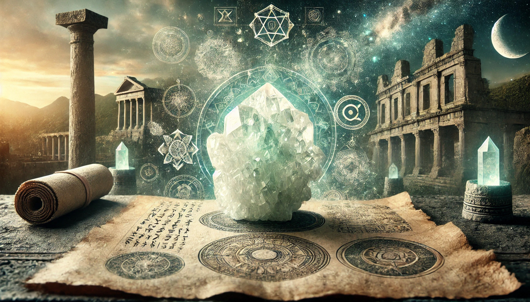 DALL%C2%B7E 2025 08 30 17.14.49 A wide mystical and historical themed image representing the theme  Where Did the Stone Word of Apophyllite Come From  A Journey Through History fro - アポフィライトの石言葉とは？浄化と瞑想に効果的な理由を徹底解説