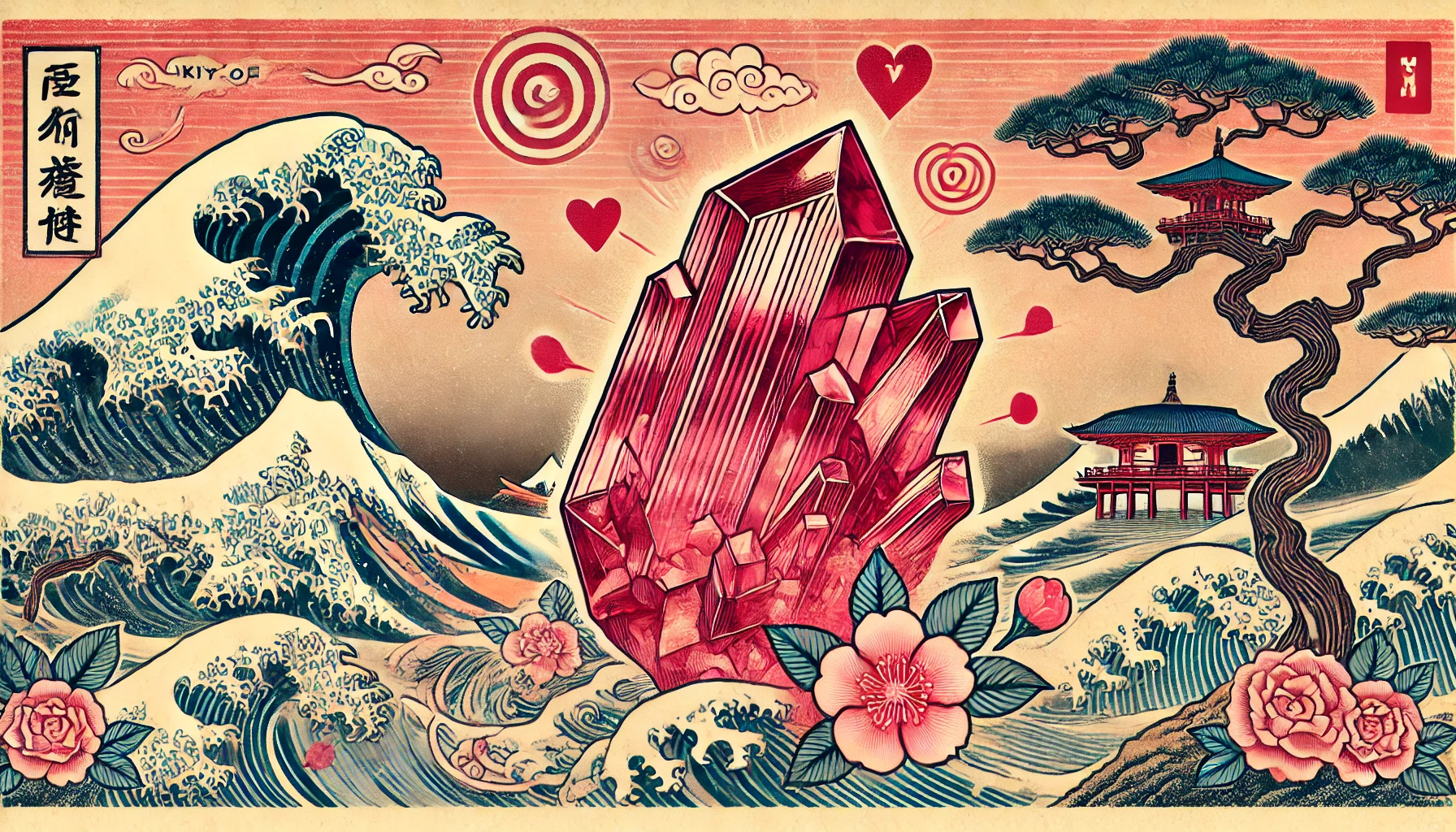 DALL%C2%B7E 2025 08 30 19.00.27 A wide ukiyo e style image inspired by Edo period Japanese woodblock prints featuring a raw Rhodochrosite crystal. The crystal is vivid rose red with - ロードクロサイトの石言葉が示す「恋」と「愛」の意味を徹底解説！