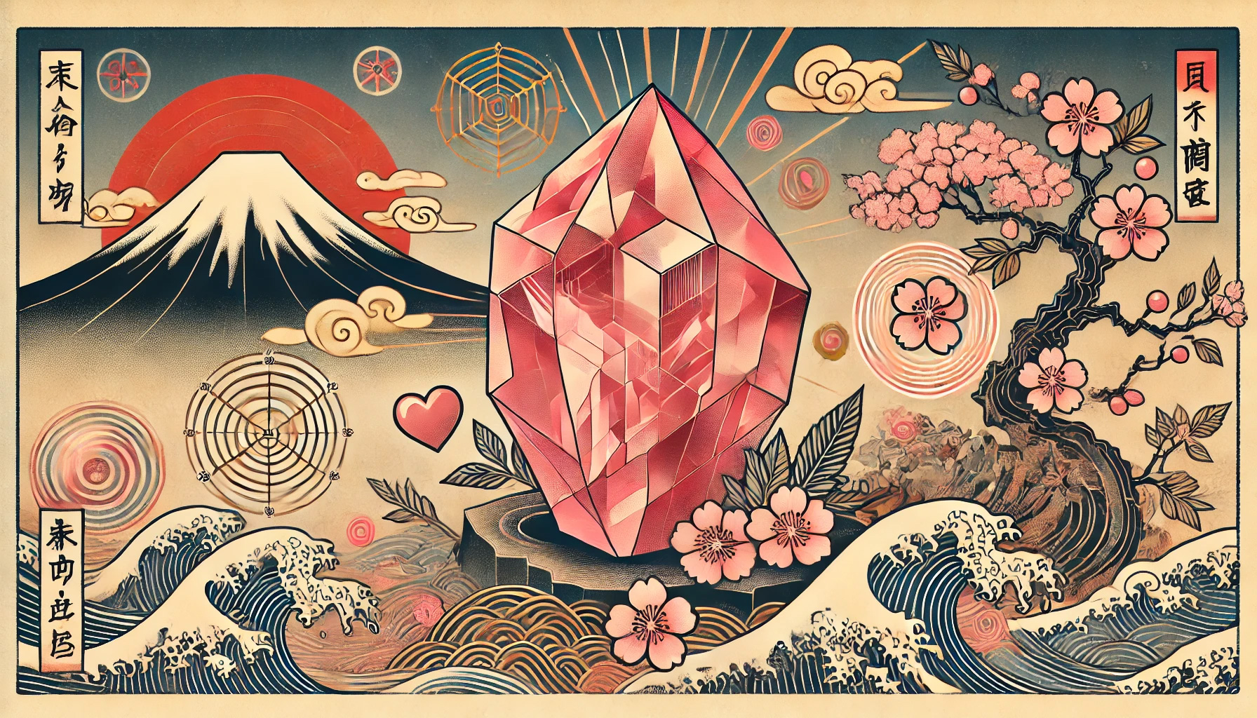 DALL%C2%B7E 2025 08 30 19.01.11 A wide ukiyo e style image inspired by traditional Japanese woodblock prints featuring a raw Rhodochrosite crystal as the central subject. The Rhodoc - ロードクロサイトの石言葉が示す「恋」と「愛」の意味を徹底解説！