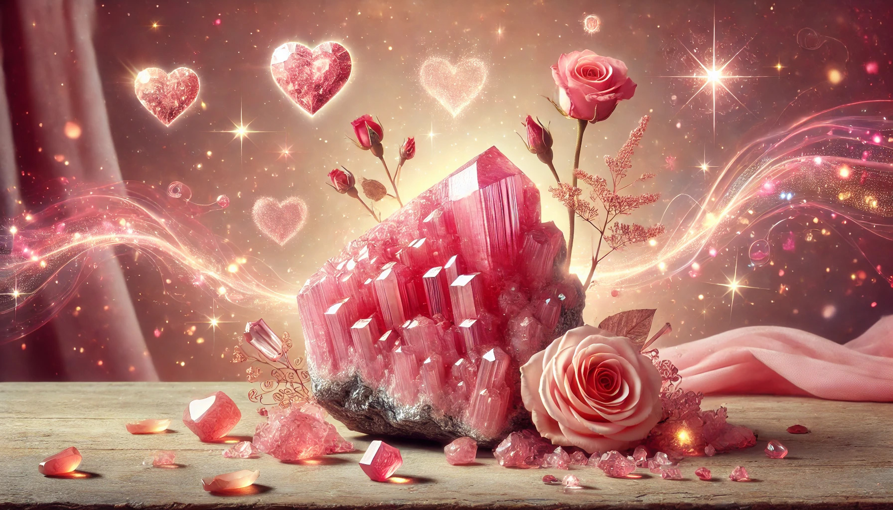 DALL%C2%B7E 2025 08 30 19.07.12 A wide romantic and spiritual image illustrating the theme  The Connection Between Rhodochrosite%E2%80%99s Stone Word and Its Color %E2%80%93 What the Pink Glow Rev - ロードクロサイトの石言葉が示す「恋」と「愛」の意味を徹底解説！