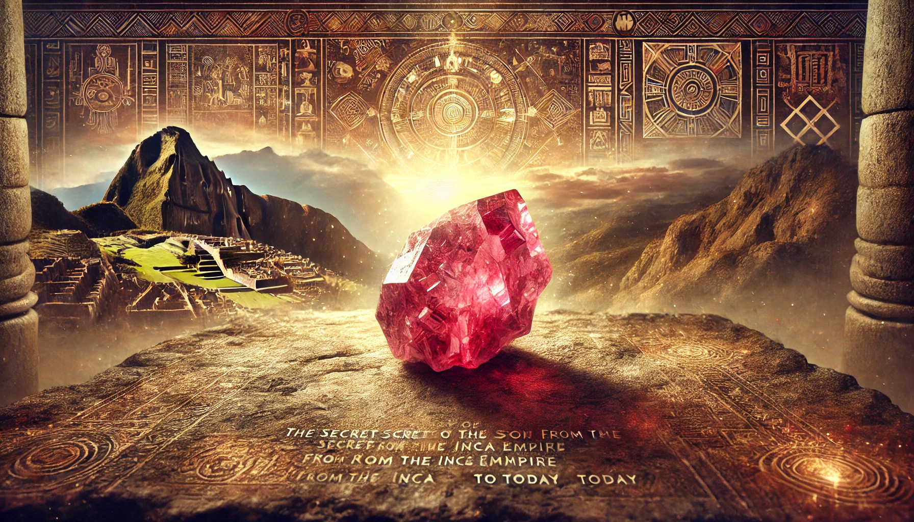 DALL%C2%B7E 2025 08 30 19.07.49 A wide mystical and historical image themed around  The History of Rhodochrosite%E2%80%99s Stone Word %E2%80%93 The Secret of the Stone of Love from the Inca Empire - ロードクロサイトの石言葉が示す「恋」と「愛」の意味を徹底解説！