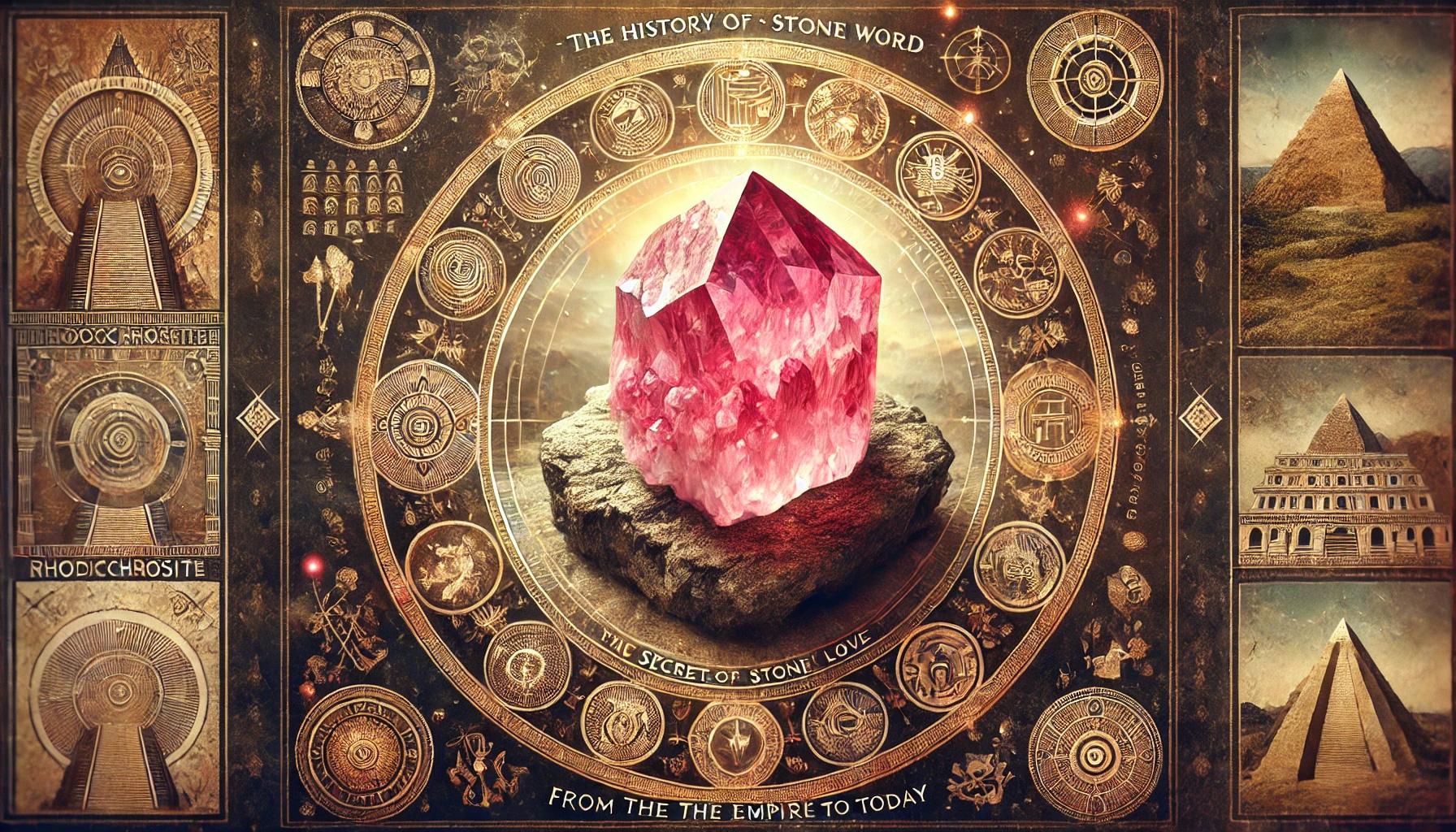 DALL%C2%B7E 2025 08 30 19.07.52 A wide mystical and historical image themed around  The History of Rhodochrosite%E2%80%99s Stone Word %E2%80%93 The Secret of the Stone of Love from the Inca Empire - ロードクロサイトの石言葉が示す「恋」と「愛」の意味を徹底解説！