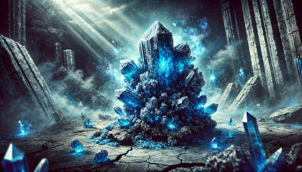 DALL%C2%B7E 2025 07 10 21.57.52 A wide aspect highly realistic and powerful image featuring a raw Azurite crystal that closely resembles real life specimens but with a focus on dee - アズライトの石言葉「瞑想・直感力」に込められた意味とは？