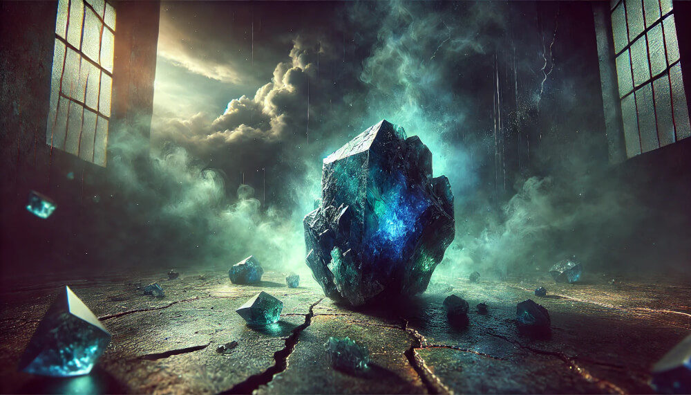 DALL%C2%B7E 2025 07 10 21.58.09 A wide aspect moody and symbolic image depicting the hidden negative meanings associated with the gemstone Azurite. At the center is a natural raw Az - アズライトの石言葉「瞑想・直感力」に込められた意味とは？