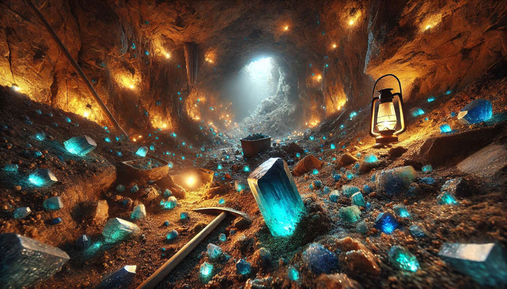 DALL%C2%B7E 2025 07 10 21.58.13 A wide aspect highly realistic and atmospheric image showing multiple small Azurite raw crystals being discovered in a cave setting. The cave is diml - アズライトの石言葉「瞑想・直感力」に込められた意味とは？