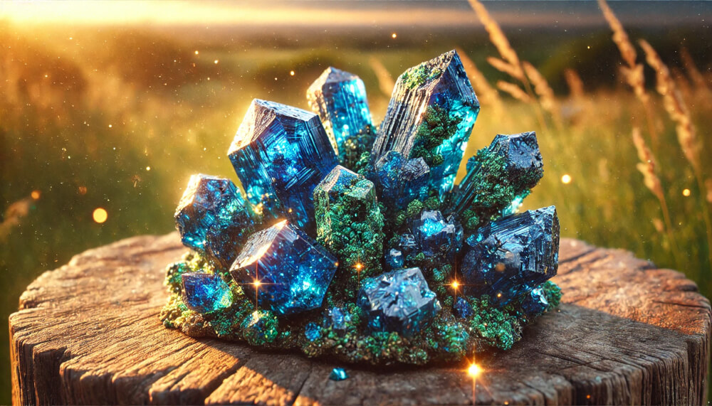 DALL%C2%B7E 2025 07 10 21.58.21 A wide aspect highly realistic image featuring multiple smaller natural Azurite raw crystals closely resembling real specimens with vivid deep blue  - アズライトの石言葉「瞑想・直感力」に込められた意味とは？
