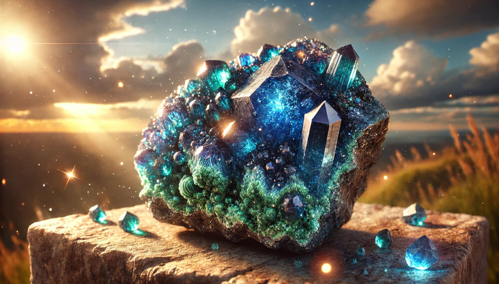 DALL%C2%B7E 2025 07 10 21.58.27 A wide aspect highly realistic image featuring a natural Azurite raw crystal closely resembling a real specimen with vivid deep blue and green textu - アズライトの石言葉「瞑想・直感力」に込められた意味とは？