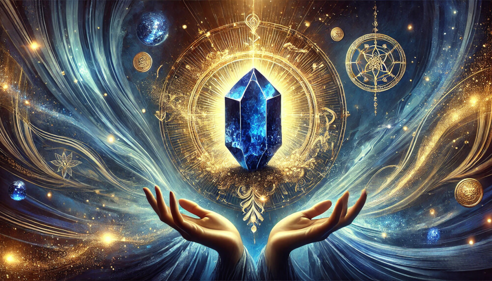 DALL%C2%B7E 2025 07 10 21.58.58 A wide aspect symbolic and elegant image representing the gemstone Azurite and its spiritual meanings with a focus on intuition and attracting prosp - アズライトの石言葉「瞑想・直感力」に込められた意味とは？