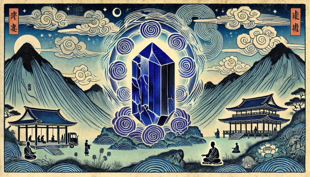 DALL%C2%B7E 2025 07 10 21.59.19 A wide aspect image in the style of traditional Japanese Ukiyo e depicting the symbolic essence of Azurite focusing on meditation and intuition. The - アズライトの石言葉「瞑想・直感力」に込められた意味とは？