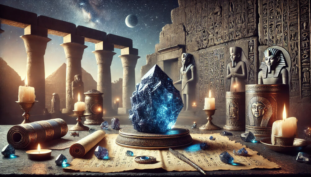 DALL%C2%B7E 2025 07 10 21.59.52 A wide aspect symbolic image representing the ancient history and mystical origins of Azurites stone meaning. A realistic raw Azurite crystal sits o - アズライトの石言葉「瞑想・直感力」に込められた意味とは？