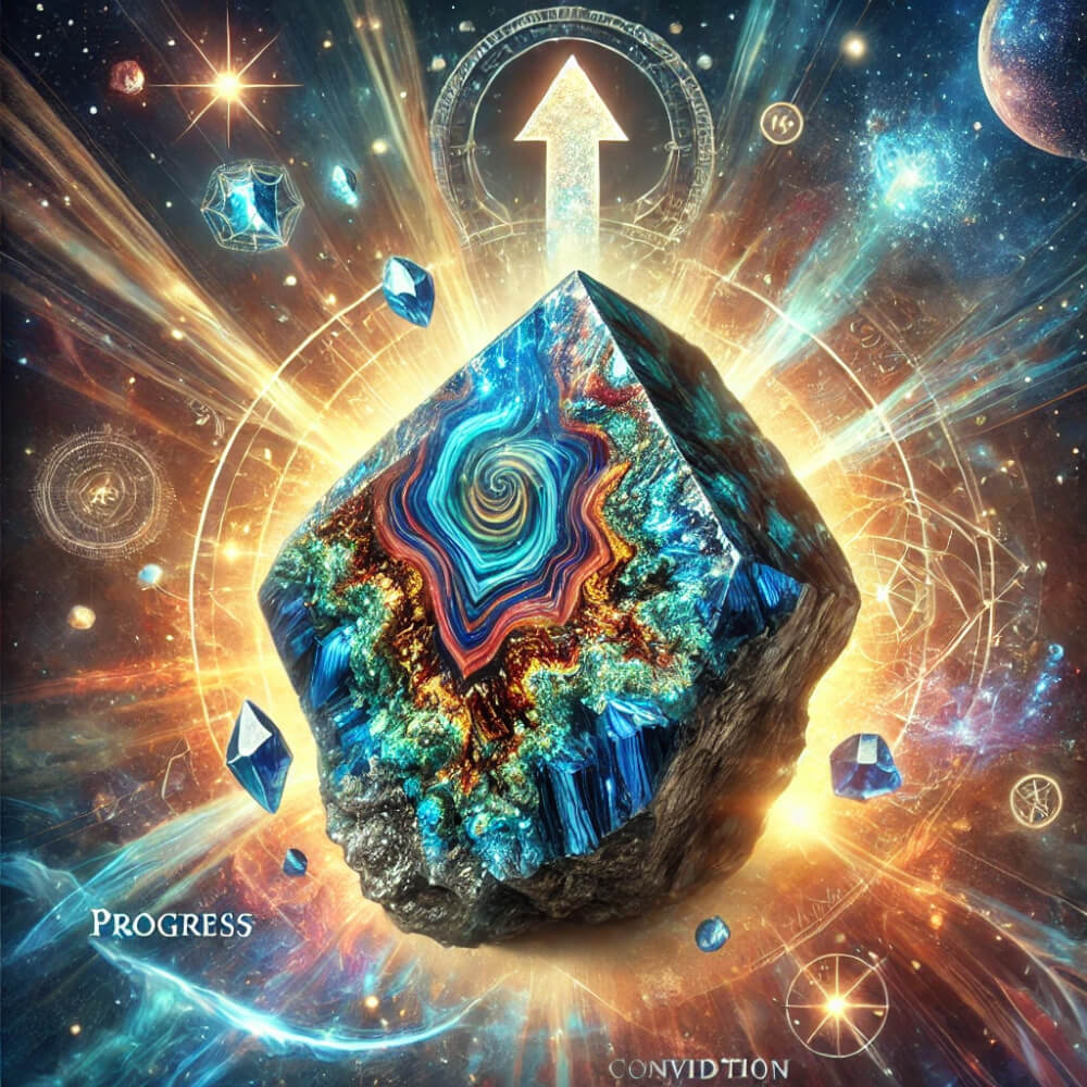 DALL%C2%B7E 2025 07 10 23.12.20 A powerful and mystical image featuring a raw Azurite crystal with the swirling multicolored pattern of Pietersite. The crystal appears dynamic and a - ピーターサイトの石言葉「前進」と「確信」に込められたスピリチュアルな意味