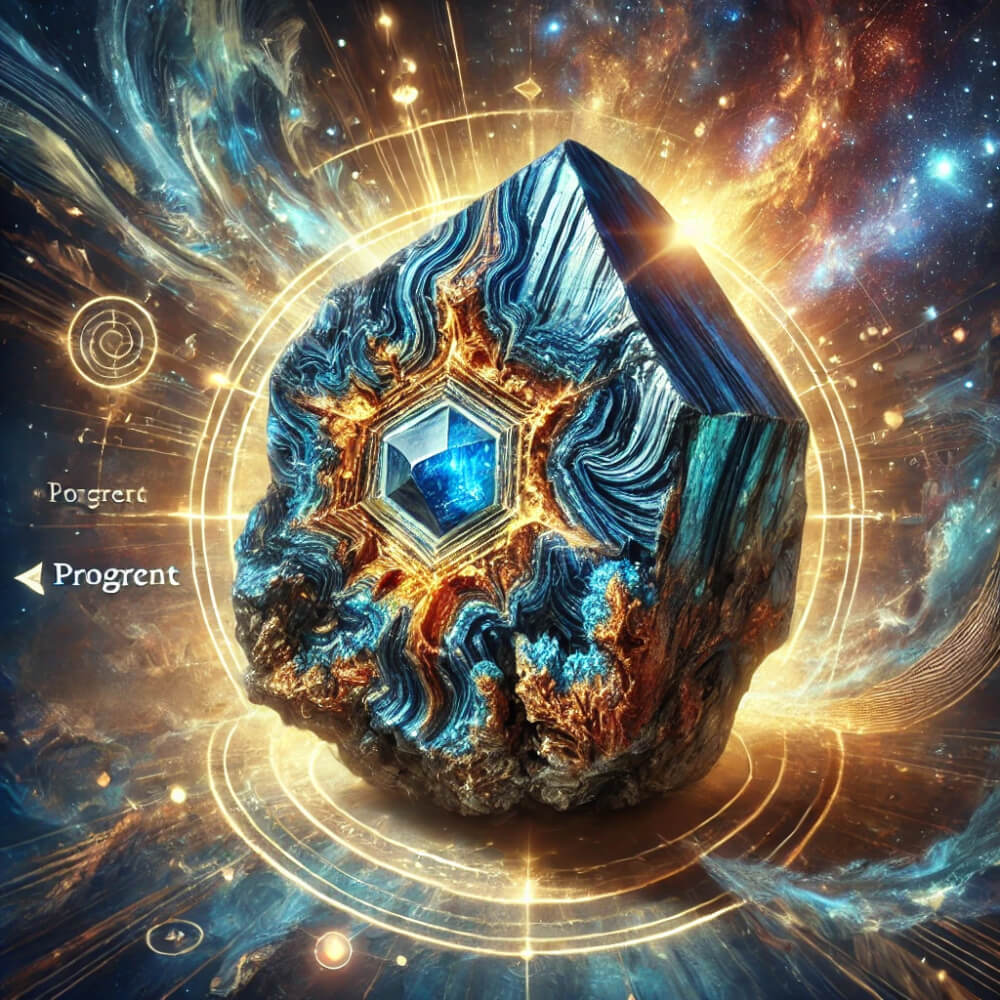DALL%C2%B7E 2025 07 10 23.12.23 A powerful and mystical image featuring a raw Azurite crystal with the swirling multicolored pattern of Pietersite. The crystal appears dynamic and a - ピーターサイトの石言葉「前進」と「確信」に込められたスピリチュアルな意味