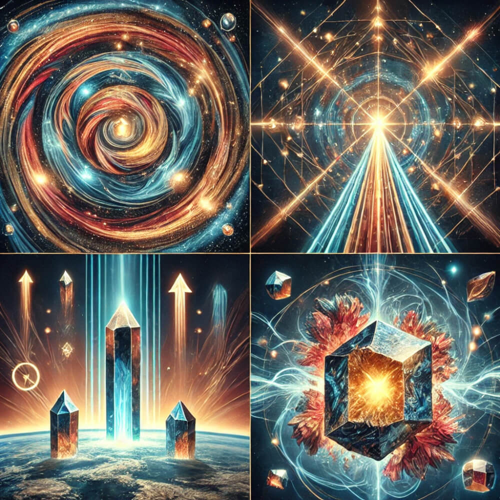 DALL%C2%B7E 2025 07 10 23.13.18 Create four mystical and spiritual themed visuals in a single frame each inspired by the meanings of Pietersite. Use raw Pietersite crystals with the - ピーターサイトの石言葉「前進」と「確信」に込められたスピリチュアルな意味