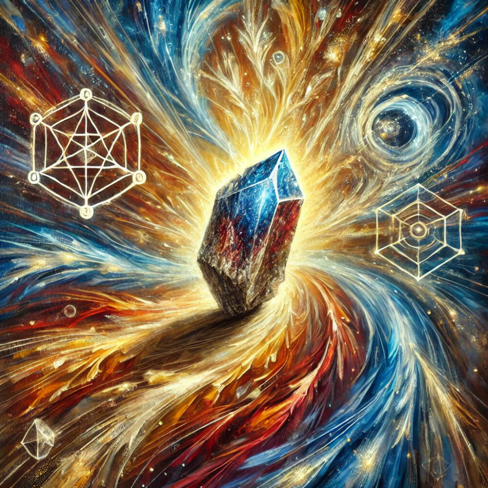 DALL%C2%B7E 2025 07 10 23.18.43 An expressive spiritual themed oil painting featuring a raw Pietersite crystal as the centerpiece. The Pietersite displays vibrant swirling patterns  - ピーターサイトの石言葉「前進」と「確信」に込められたスピリチュアルな意味