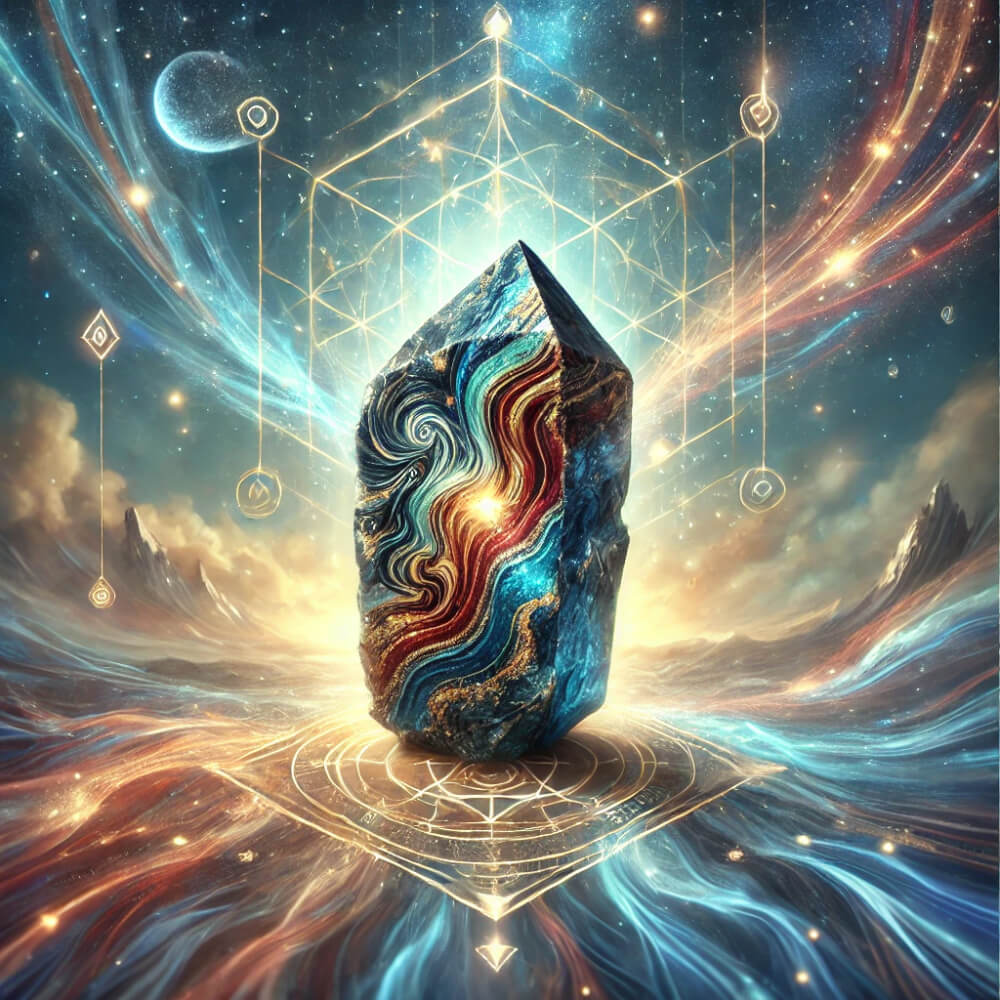DALL%C2%B7E 2025 07 10 23.43.04 A mystical and spiritual themed image featuring a raw Pietersite crystal with vibrant swirling patterns of blue gold and red. The crystal radiates p - ピーターサイトの石言葉「前進」と「確信」に込められたスピリチュアルな意味