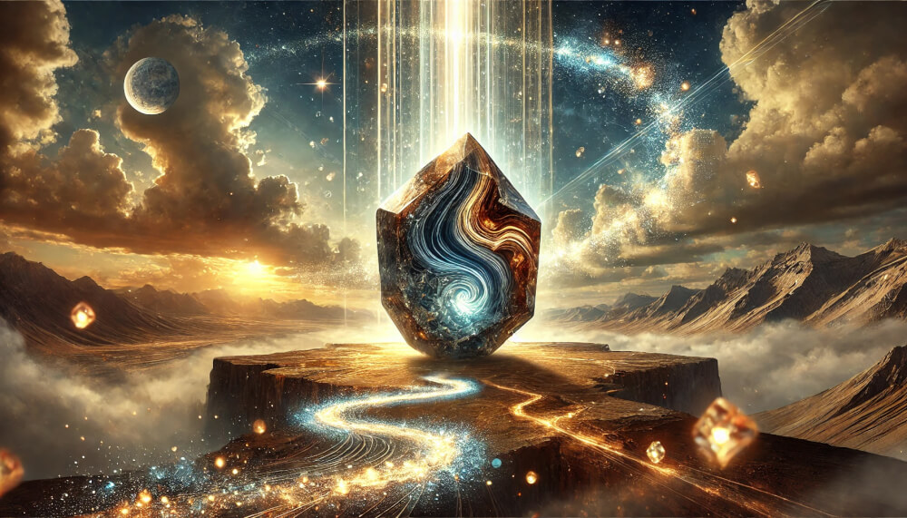 DALL%C2%B7E 2025 07 18 15.14.27 A wide aspect symbolic image illustrating the stone meaning of Pietersite %E2%80%94 progress and conviction %E2%80%94 using a realistic raw Pietersite crystal. The - ピーターサイトの石言葉「前進」と「確信」に込められたスピリチュアルな意味