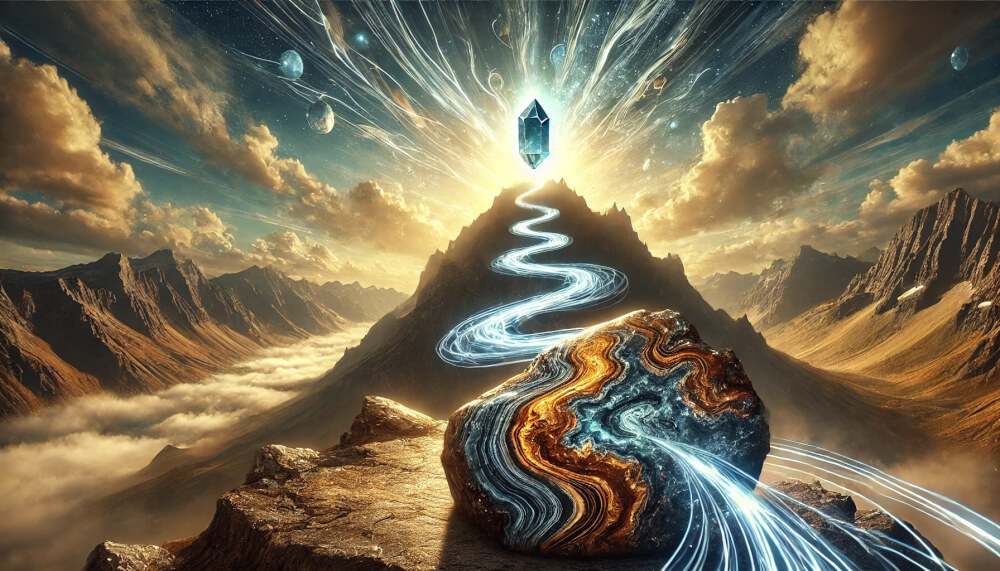DALL%C2%B7E 2025 07 18 15.15.27 A wide aspect symbolic image focusing on the spiritual meaning of progress as represented by Pietersite using a realistic raw Pietersite crystal.  - ピーターサイトの石言葉「前進」と「確信」に込められたスピリチュアルな意味