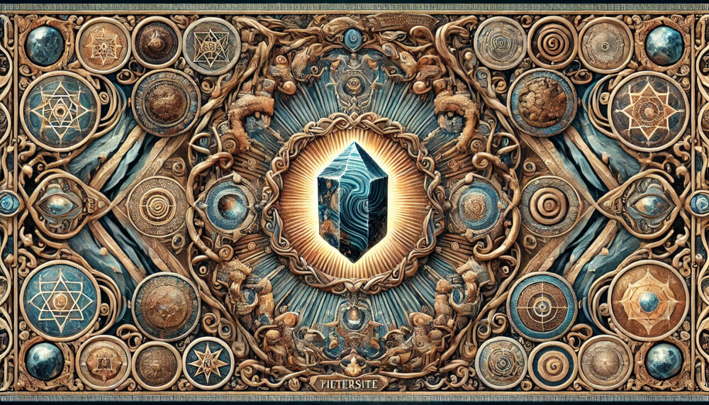 DALL%C2%B7E 2025 07 18 15.18.57 A wide aspect image designed in the style of a mystical tapestry featuring a realistic raw Pietersite crystal as the central symbolic element. The ta - ピーターサイトの石言葉「前進」と「確信」に込められたスピリチュアルな意味