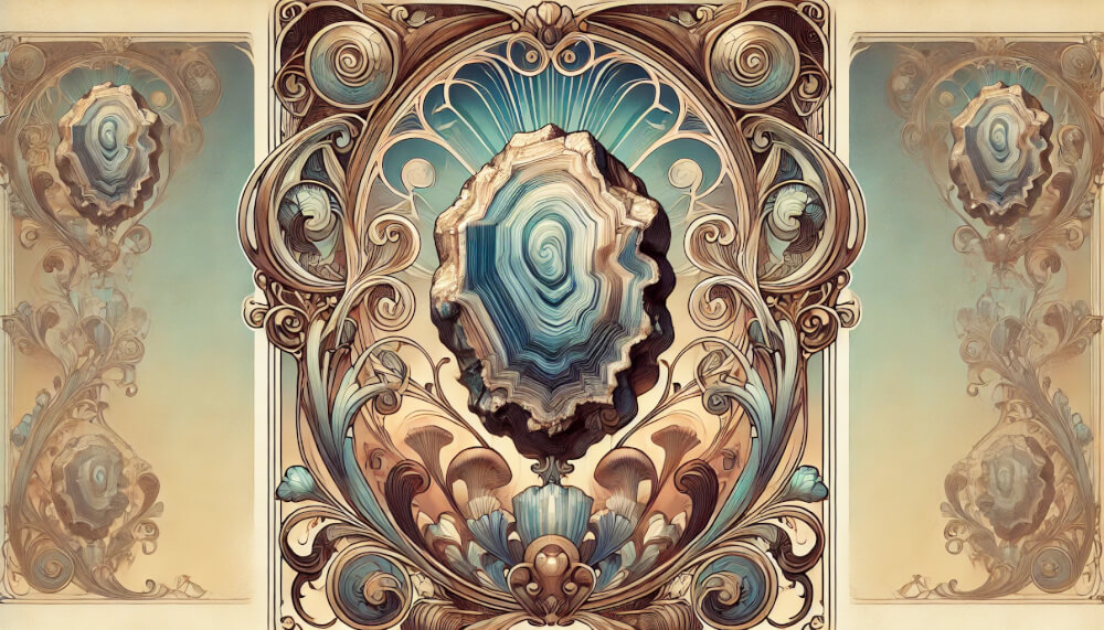 DALL%C2%B7E 2025 07 18 15.19.32 A wide aspect image in the Art Nouveau style featuring a raw Pietersite crystal as the central element. The composition is elegant and decorative wi - ピーターサイトの石言葉「前進」と「確信」に込められたスピリチュアルな意味