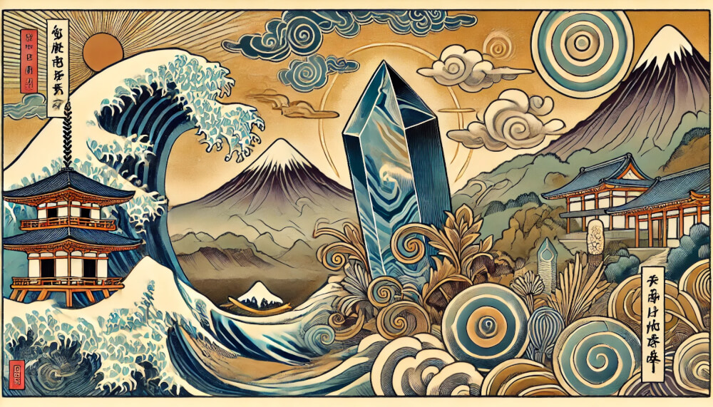 DALL%C2%B7E 2025 07 18 15.20.18 A wide aspect image in the style of traditional Japanese Ukiyo e art featuring a raw Pietersite crystal as the central element. The scene includes st - ピーターサイトの石言葉「前進」と「確信」に込められたスピリチュアルな意味
