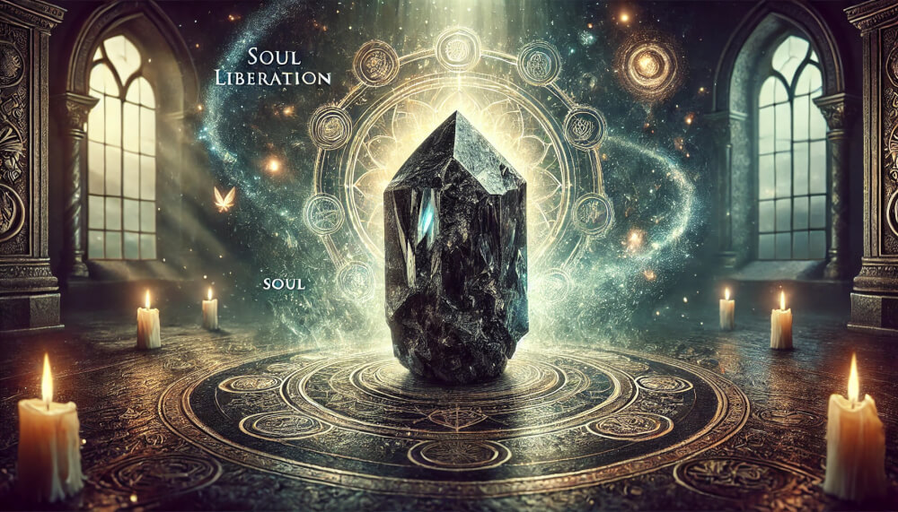 DALL%C2%B7E 2025 07 18 15.40.29 A wide aspect mystical and powerful image featuring a realistic raw Nuummite crystal symbolizing the spiritual concept of soul liberation. The Nuumm - ヌーマイトの石言葉とは？“魔術師の石”がもたらす魂の解放の力