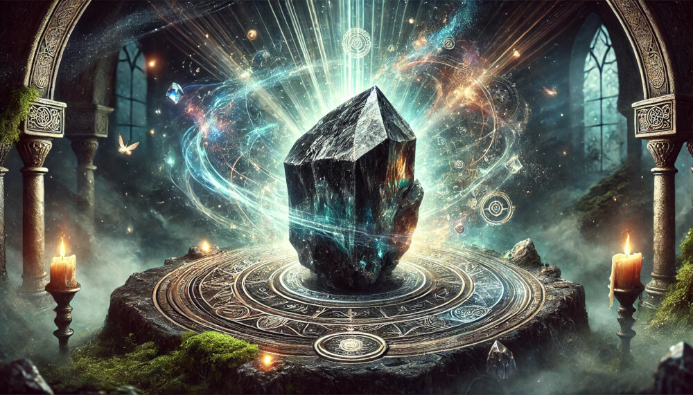 DALL%C2%B7E 2025 07 18 15.40.30 A wide aspect mystical and powerful image featuring a realistic raw Nuummite crystal symbolizing the spiritual concept of soul liberation. The Nuumm - ヌーマイトの石言葉とは？“魔術師の石”がもたらす魂の解放の力