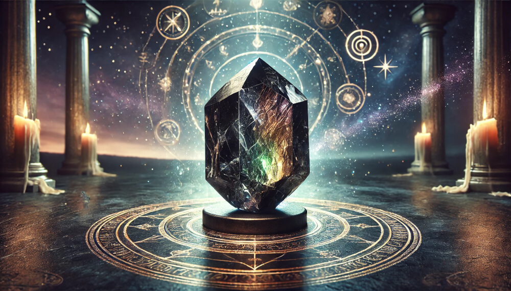 DALL%C2%B7E 2025 07 18 15.41.28 A wide aspect mystical and symbolic image representing the meaning of the Magicians Stone %E2%80%94 Nuummite %E2%80%94 using a realistic raw Nuummite crystal. The - ヌーマイトの石言葉とは？“魔術師の石”がもたらす魂の解放の力
