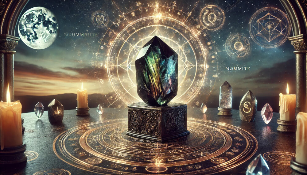 DALL%C2%B7E 2025 07 18 15.41.31 A wide aspect mystical and symbolic image representing the meaning of the Magicians Stone %E2%80%94 Nuummite %E2%80%94 using a realistic raw Nuummite crystal. The - ヌーマイトの石言葉とは？“魔術師の石”がもたらす魂の解放の力
