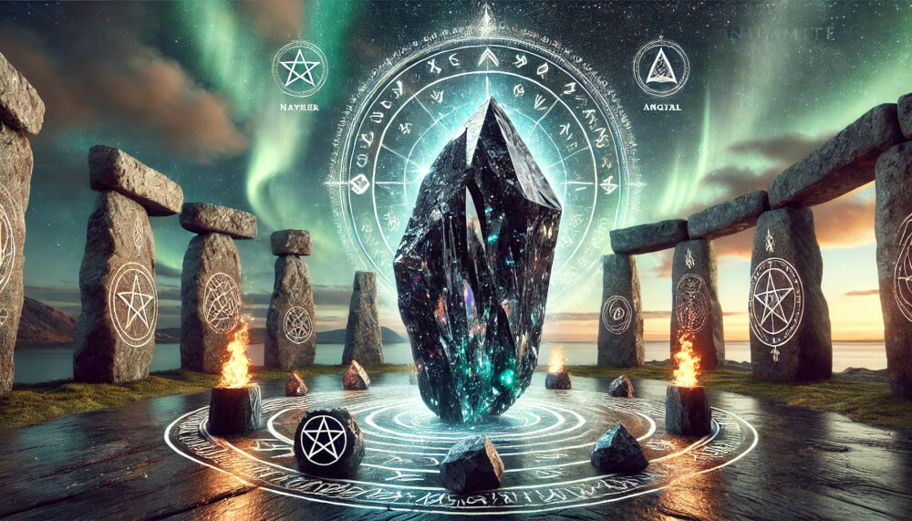 DALL%C2%B7E 2025 07 18 15.41.33 A wide aspect mystical and symbolic image exploring why Nuummite is called the Magicians Stone. A realistic Nuummite raw crystal is at the center - ヌーマイトの石言葉とは？“魔術師の石”がもたらす魂の解放の力
