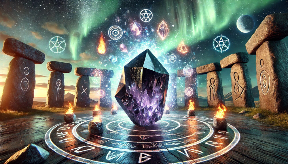 DALL%C2%B7E 2025 07 18 15.41.34 A wide aspect mystical and symbolic image exploring why Nuummite is called the Magicians Stone. A realistic Nuummite raw crystal is at the center - ヌーマイトの石言葉とは？“魔術師の石”がもたらす魂の解放の力
