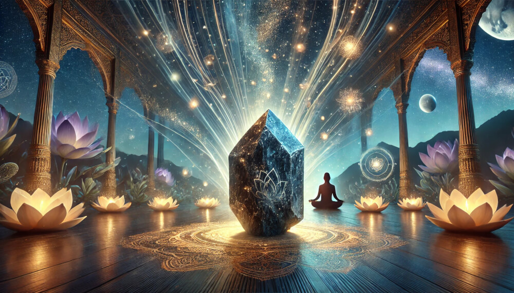 DALL%C2%B7E 2025 07 18 15.41.49 A wide aspect mystical image representing the spiritual meaning of liberation associated with Nuummite. A realistic raw Nuummite crystal glows soft - ヌーマイトの石言葉とは？“魔術師の石”がもたらす魂の解放の力