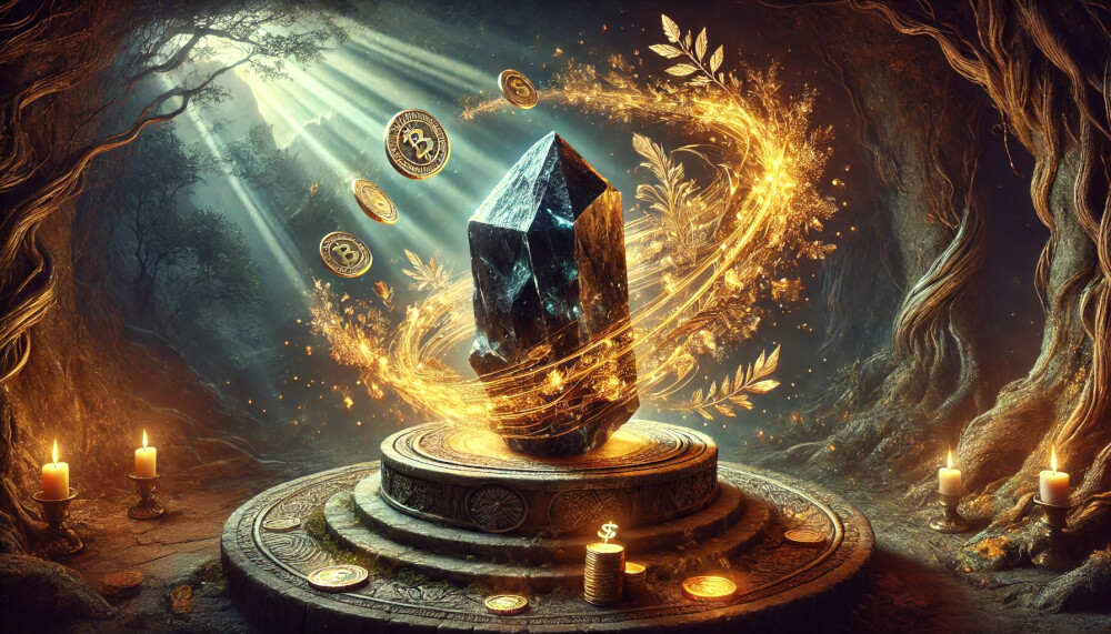 DALL%C2%B7E 2025 07 18 15.43.03 A wide aspect mystical image symbolizing the connection between Nuummite and financial abundance. A realistic raw Nuummite crystal sits on an ancient - ヌーマイトの石言葉とは？“魔術師の石”がもたらす魂の解放の力