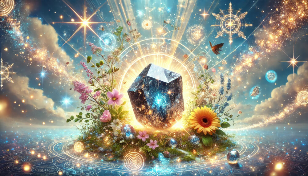 DALL%C2%B7E 2025 07 18 15.43.07 A wide aspect spiritual and uplifting image showing Nuummites power to increase good fortune. A raw Nuummite crystal glows with shimmering gold and  - ヌーマイトの石言葉とは？“魔術師の石”がもたらす魂の解放の力