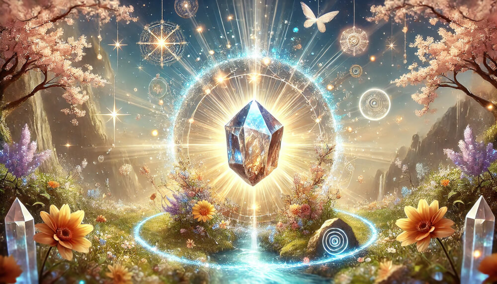 DALL%C2%B7E 2025 07 18 15.43.08 A wide aspect spiritual and uplifting image showing Nuummites power to increase good fortune. A raw Nuummite crystal glows with shimmering gold and  - ヌーマイトの石言葉とは？“魔術師の石”がもたらす魂の解放の力