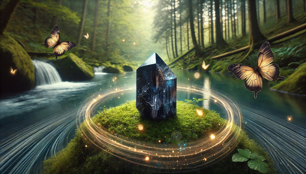 DALL%C2%B7E 2025 07 18 15.43.10 A wide aspect calming and symbolic image showing the healing and positive energy of Nuummite for emotional balance. A raw Nuummite crystal glows gent - ヌーマイトの石言葉とは？“魔術師の石”がもたらす魂の解放の力