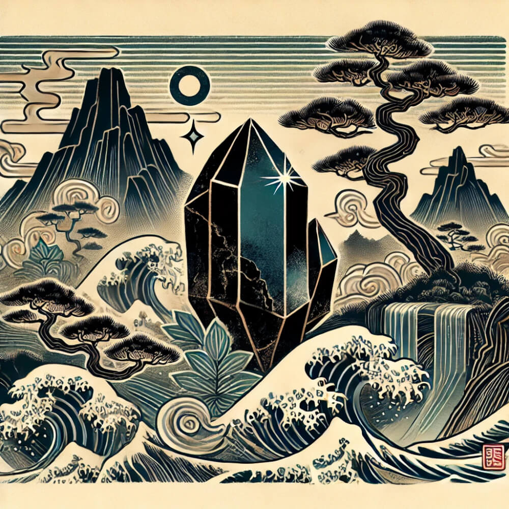 DALL%C2%B7E 2025 07 18 15.44.23 A square format image in the style of traditional Japanese Ukiyo e art featuring a raw Nuummite crystal as the central element. The scene includes st - ヌーマイトの石言葉とは？“魔術師の石”がもたらす魂の解放の力