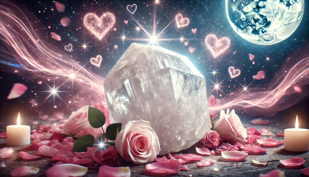 DALL%C2%B7E 2025 07 18 22.03.49 A wide aspect romantic and spiritual image featuring a raw Scolecite crystal symbolizing pure love and its power to enhance romantic energy. The cr - スコロライトの石言葉とは？純愛と素直さを引き出すパワーを解説