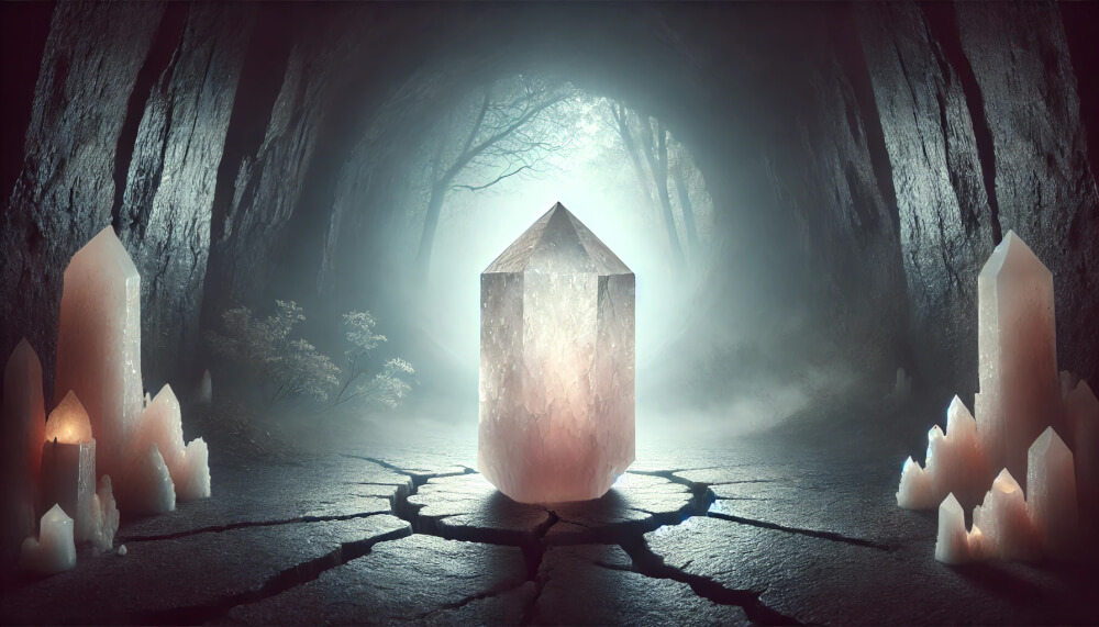 DALL%C2%B7E 2025 07 18 22.32.41 A wide aspect symbolic and mysterious image featuring a raw Scolecite crystal that represents the hidden or misunderstood side of healing. The crysta - スコロライトの石言葉とは？純愛と素直さを引き出すパワーを解説