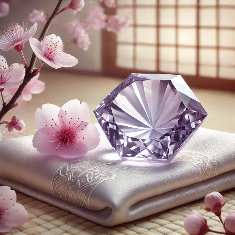 DALL%C2%B7E 2025 07 18 22.35.22 A Japanese style %E5%92%8C%E9%A2%A8 image featuring a polished faceted Scolecite gemstone in a soft lavender or pink hue displayed elegantly in a traditional Japan - スコロライトの石言葉とは？純愛と素直さを引き出すパワーを解説
