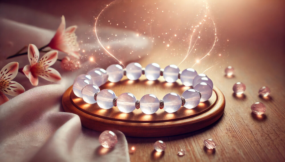 DALL%C2%B7E 2025 07 18 22.36.31 A wide aspect spiritual and elegant image featuring a Scolecite bracelet made of smooth translucent beads in soft lavender or pink hues. The bracelea - スコロライトの石言葉とは？純愛と素直さを引き出すパワーを解説