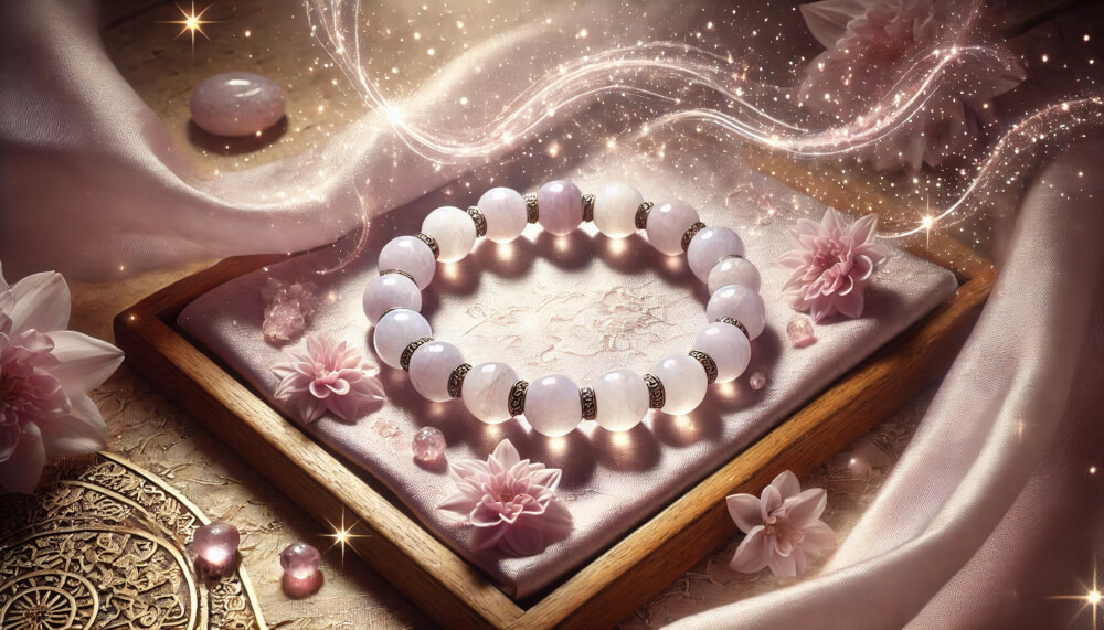 DALL%C2%B7E 2025 07 18 22.39.42 A wide aspect spiritual and elegant image featuring a Scolecite bracelet made of smooth beads in a delicate mix of soft lavender and pale pink colorsa - スコロライトの石言葉とは？純愛と素直さを引き出すパワーを解説