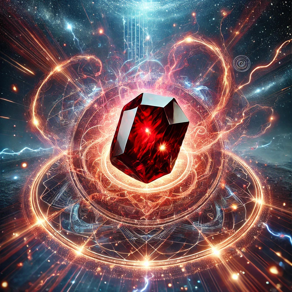 ガーネットの石言葉とは?「真実」と「友愛」に秘められた意味と効果を解説 DALL%C2%B7E 2025 10 16 11.41.33 A powerful and symbolic image representing the gemstone garnet and its meanings of truth and friendship. In the center a raw garnet crystal glows - ガーネットの石言葉とは?「真実」と「友愛」に秘められた意味と効果を解説
