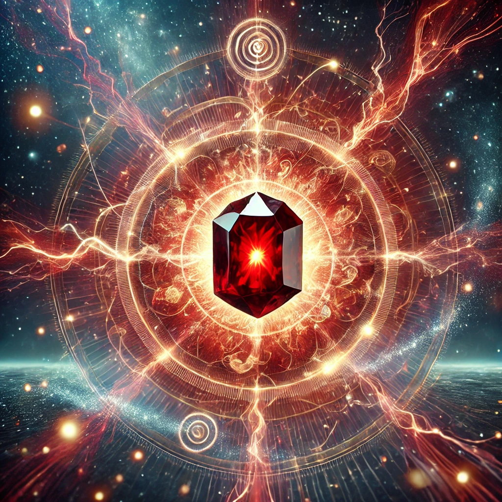 ガーネットの石言葉とは?「真実」と「友愛」に秘められた意味と効果を解説 DALL%C2%B7E 2025 10 16 11.41.36 A powerful and symbolic image representing the gemstone garnet and its meanings of truth and friendship. In the center a raw garnet crystal glows - ガーネットの石言葉とは?「真実」と「友愛」に秘められた意味と効果を解説